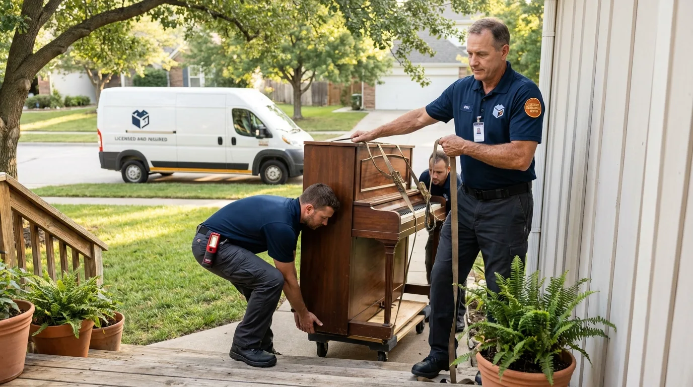 Licensed piano movers securing grand piano in Randallstown, MD