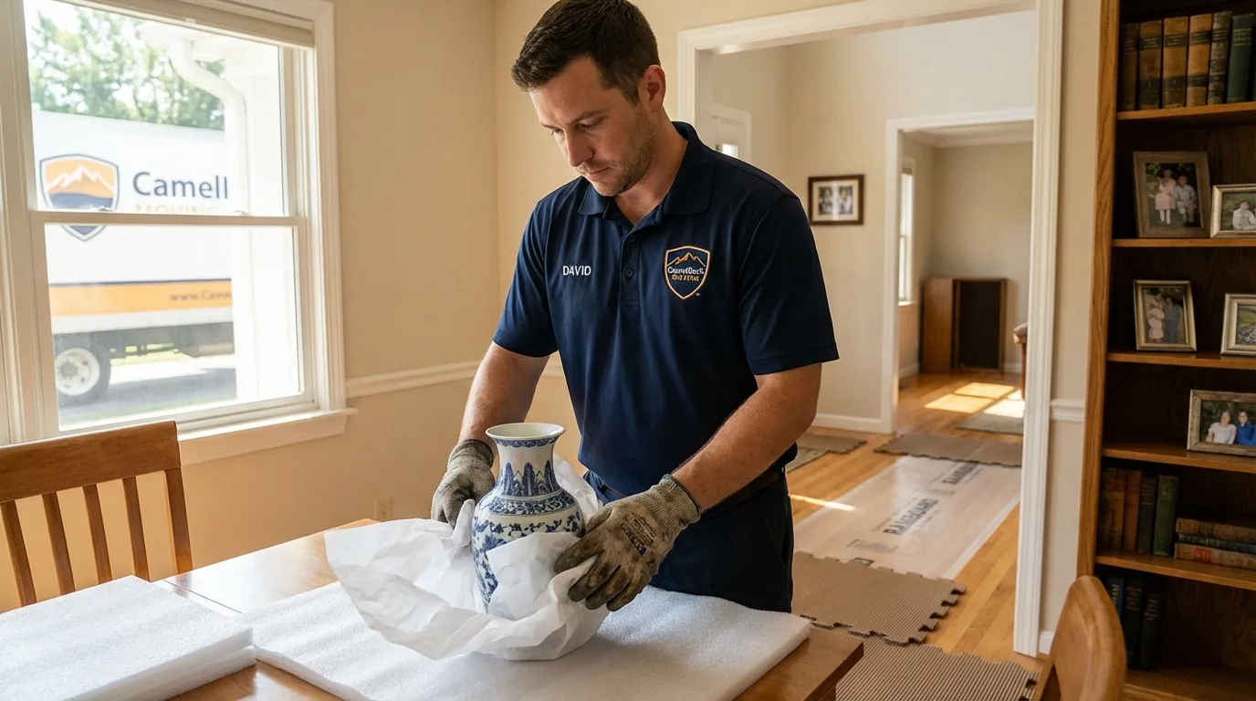 Professional crew carefully wrapping antique vase for senior downsizing move in Randallstown, MD
